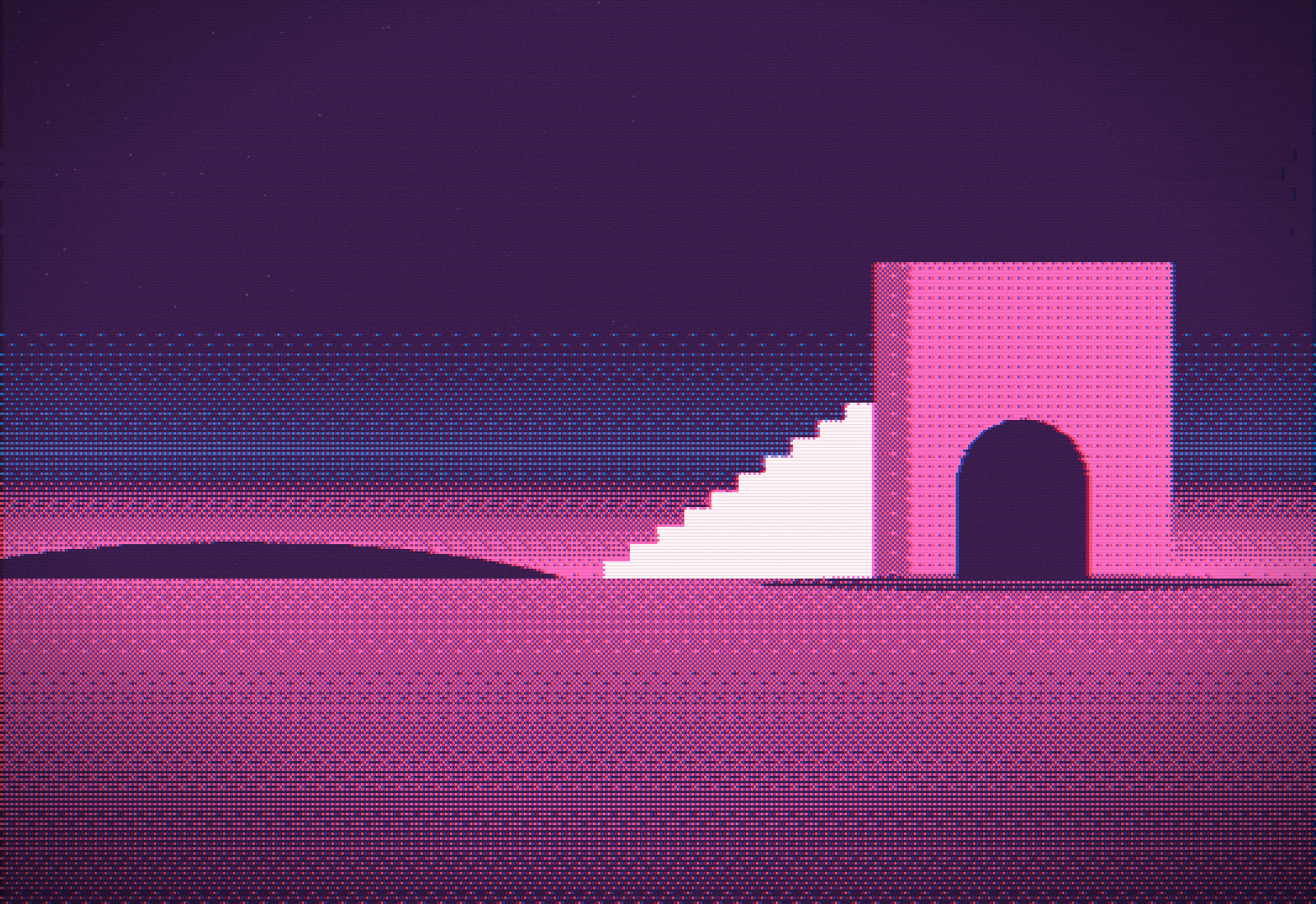 A generated monolith scene, dithered through risograph inks by the studio's imagery engine